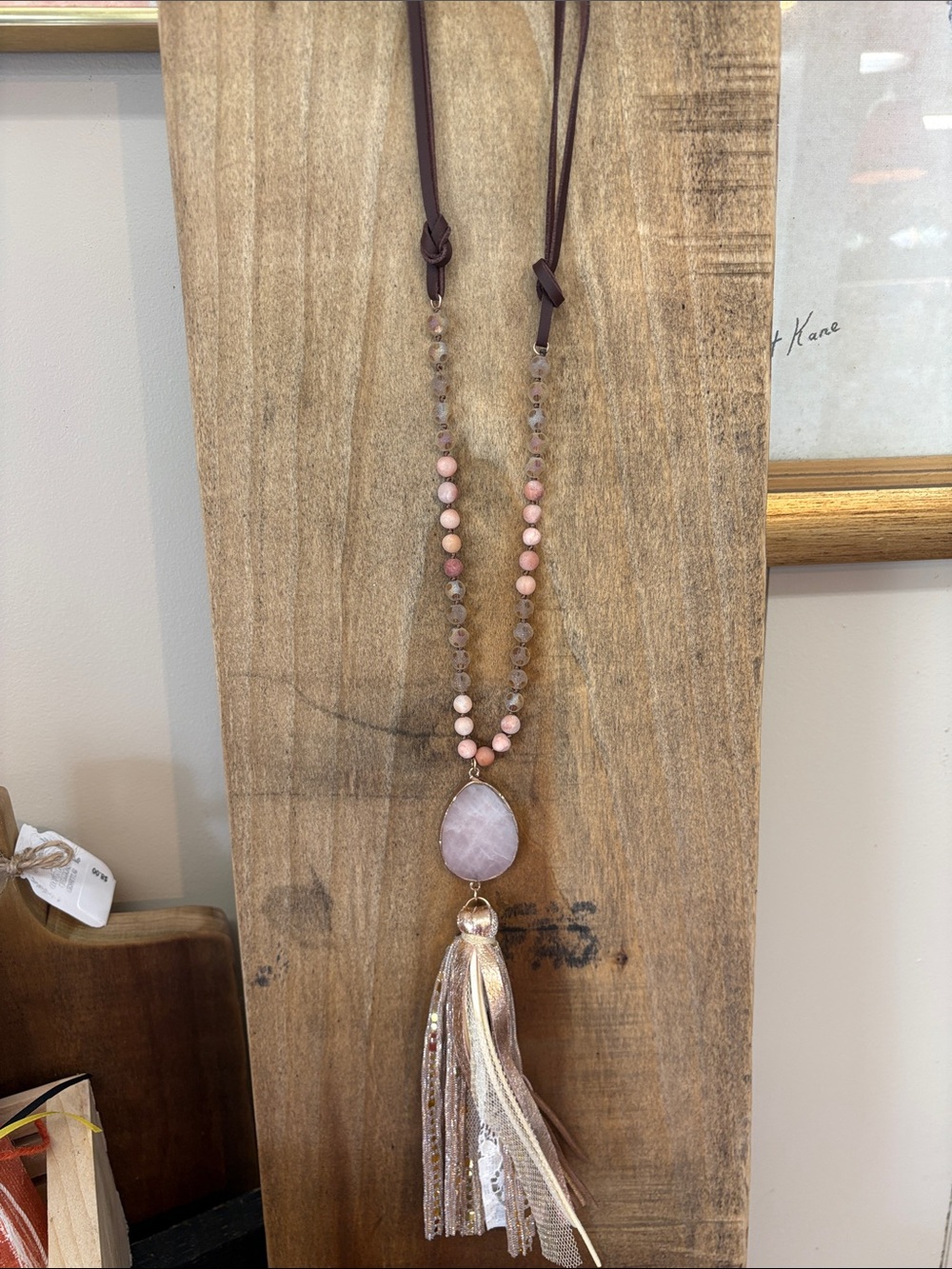 Boho Pink Stone Tassel Long Necklace NWT